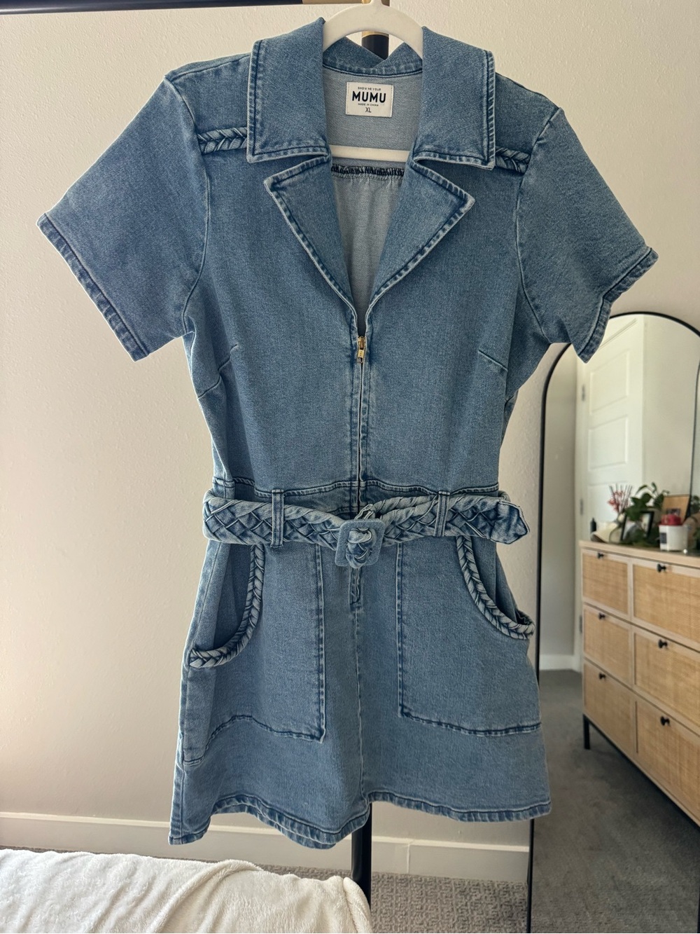 Show Me Your MuMu Light Blue Denim Zip Mini Dress with Braided Belt